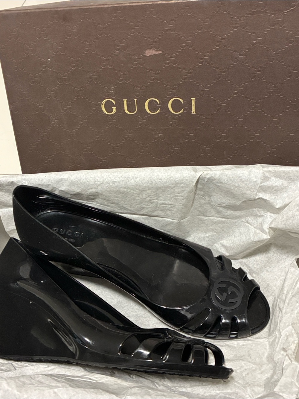 Gucci Marola Black Jelly GG Peep Toe Wedge Sandals Size 38 US 8 Like New Box - Picture 3 of 17